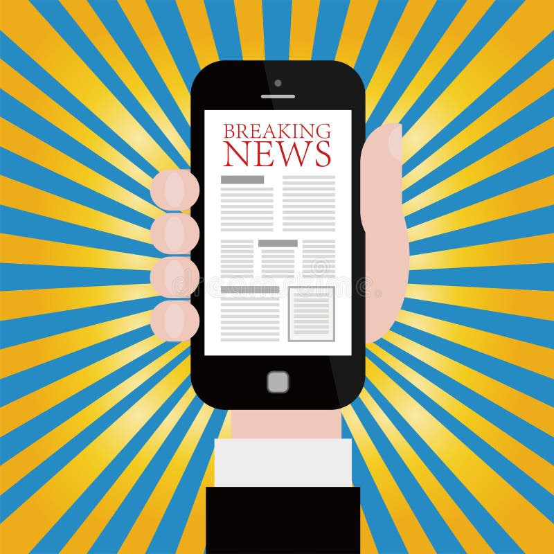 Vector illustration of hand holding mobile smart phone with breaking news article on the screen. With scattered rays background. Vector illustration of hand holding mobile smart phone with breaking news article on the screen. With scattered rays background.