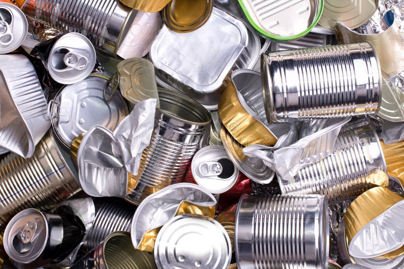 Various metal cans and tins prepared for recycling. Various metal cans and tins prepared for recycling