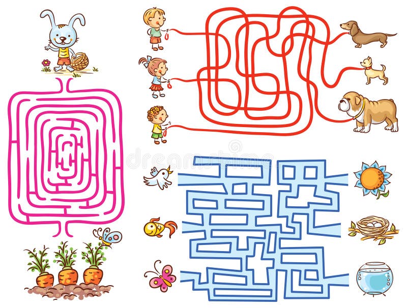 Labyrinth games set for preschoolers: find the way or match elements, colorful cartoon. Labyrinth games set for preschoolers: find the way or match elements, colorful cartoon