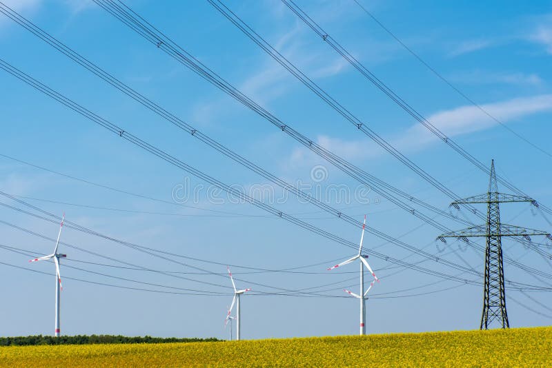 Power transmission lines in a field of flowering oilseed seen in rural Germany. Power transmission lines in a field of flowering oilseed seen in rural Germany