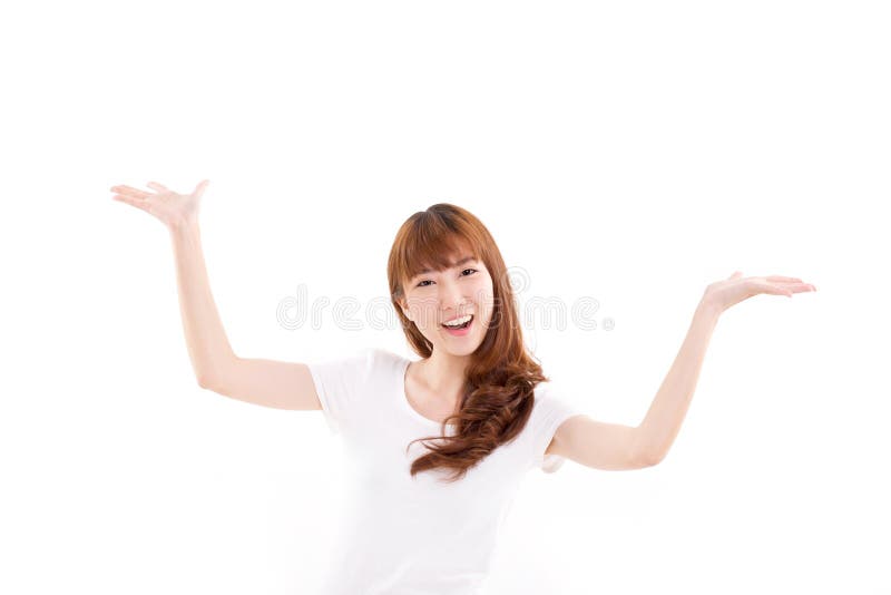 Happy, smiling woman raising her both hands, showing something on blank space. Happy, smiling woman raising her both hands, showing something on blank space