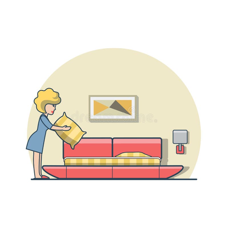 Linear Flat woman holding pillow and making bed in bedroom vector illustration. Casual life concept. Linear Flat woman holding pillow and making bed in bedroom vector illustration. Casual life concept.