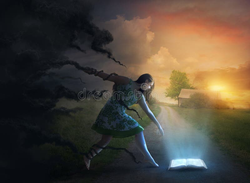 A woman is held back by the darkness while reaching for a glowing Bible. A woman is held back by the darkness while reaching for a glowing Bible.