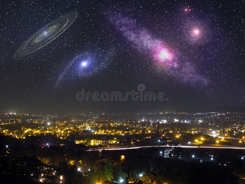 A visualisation of what it might look like in the future, with the other galaxies drawing close to the earth. Would we see them like we stars now? The realistic illustration shows a city night scene with the Andromeda galaxy and two other spiral galaxies in the starry night sky. A visualisation of what it might look like in the future, with the other galaxies drawing close to the earth. Would we see them like we stars now? The realistic illustration shows a city night scene with the Andromeda galaxy and two other spiral galaxies in the starry night sky.