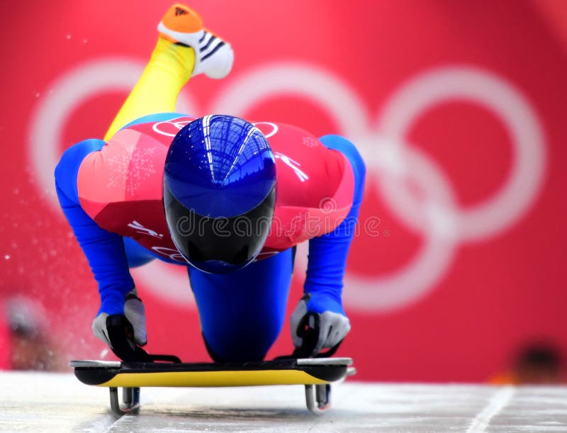 PYEONGCHANG, SOUTH KOREA - FEBRUARY 14, 2018: Vladyslav Heraskevych of Ukraine competes in the Skeleton Men Official Training Heat at the 2018 Winter Olympics in PyeongChang, South Korea. PYEONGCHANG, SOUTH KOREA - FEBRUARY 14, 2018: Vladyslav Heraskevych of Ukraine competes in the Skeleton Men Official Training Heat at the 2018 Winter Olympics in PyeongChang, South Korea