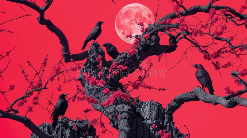 乌鸦栖息在红色树枝上，与满月对抗，营造出阴森森的氛围 皇族释放例证