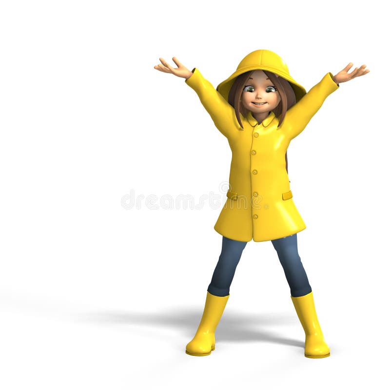 Cute litte toon girl has fun in rain. with clipping path and shadow over white. Cute litte toon girl has fun in rain. with clipping path and shadow over white