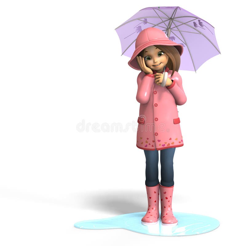 Cute litte toon girl has fun in rain. with clipping path and shadow over white. Cute litte toon girl has fun in rain. with clipping path and shadow over white