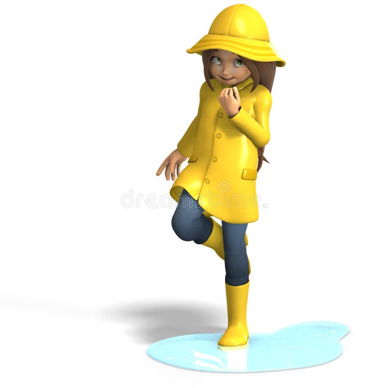 Cute litte toon girl has fun in rain. with clipping path and shadow over white. Cute litte toon girl has fun in rain. with clipping path and shadow over white