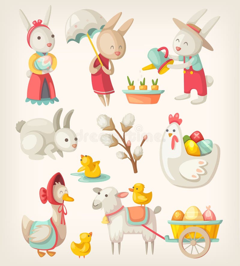 Colorful images of Easter characters and animals for spring holiday. Colorful images of Easter characters and animals for spring holiday