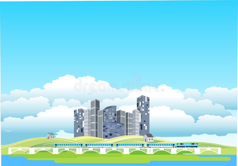 乡下风景，ecocity，在桥梁的火车， 库存照片