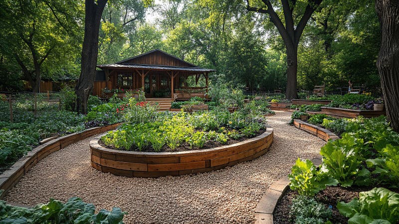 乡村花园，配有高床和迷人的小屋 向量例证