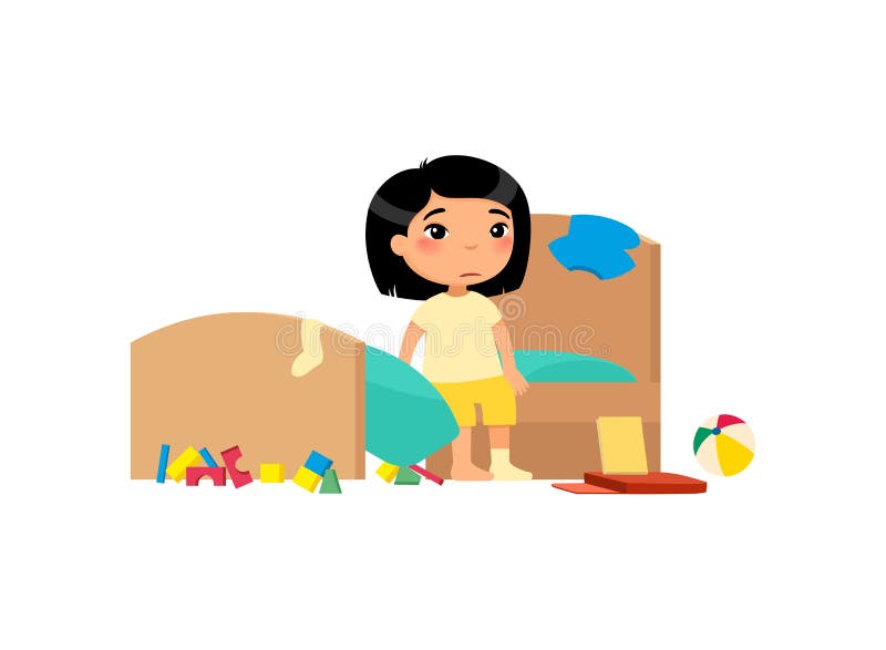 Upset kid in messy bedroom flat vector illustration. Little asian girl in dirty apartment cartoon character. Unhappy child in unkempt room isolated on white background. House chores, cleanup. Upset kid in messy bedroom flat vector illustration. Little asian girl in dirty apartment cartoon character. Unhappy child in unkempt room isolated on white background. House chores, cleanup