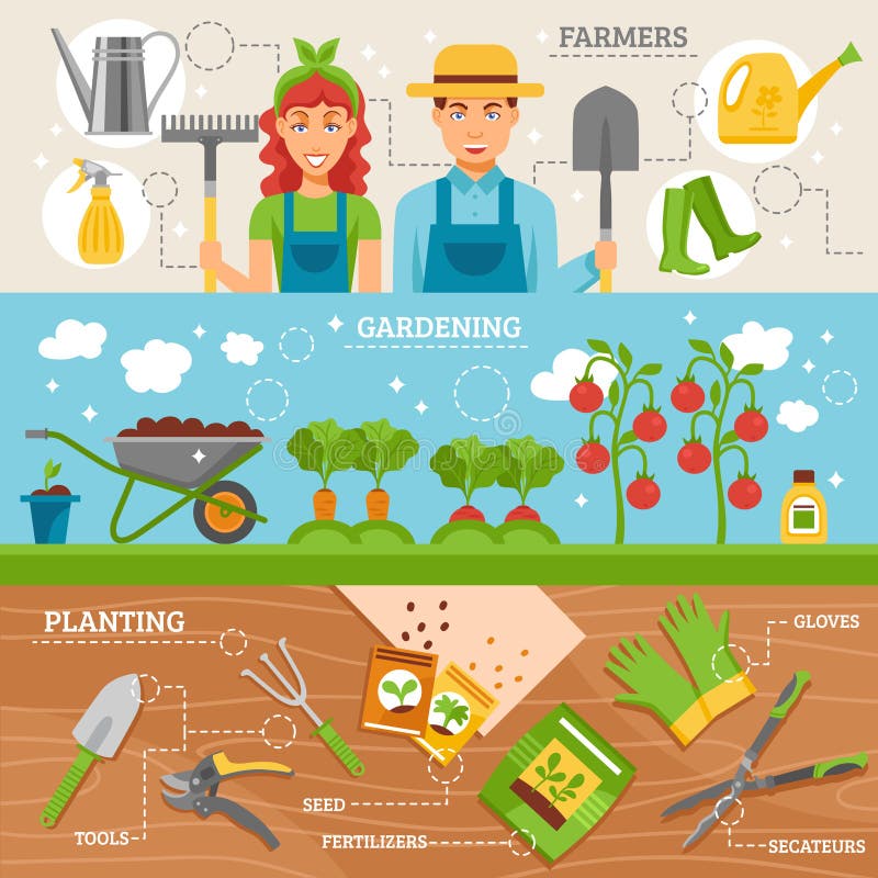 Farmers preparing garden for planting 3 flat horizontal banners set with tools and seeds abstract isolated vector illustration. Farmers preparing garden for planting 3 flat horizontal banners set with tools and seeds abstract isolated vector illustration