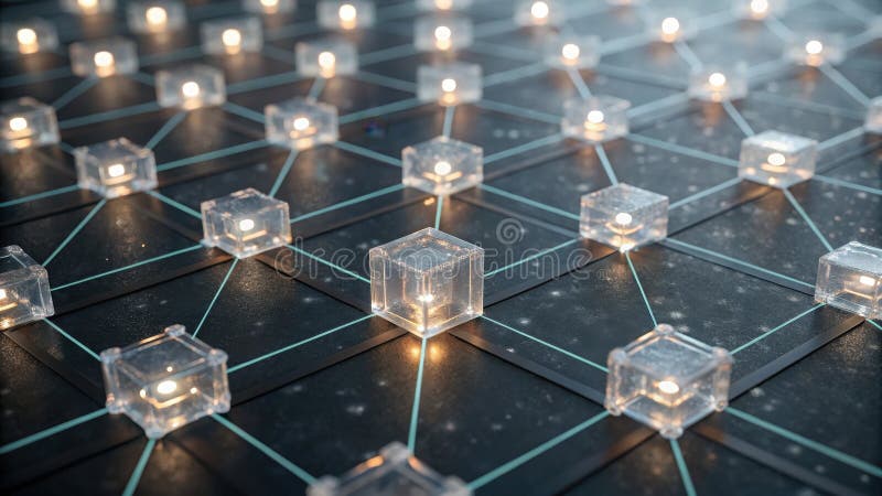 互连的发光立方体构成网络. 数字连通性与现代技术的视觉表征 向量例证