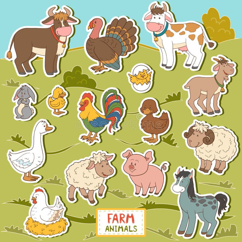 Colorful set of cute farm animals and objects, vector stickers with domestic animals. Colorful set of cute farm animals and objects, vector stickers with domestic animals