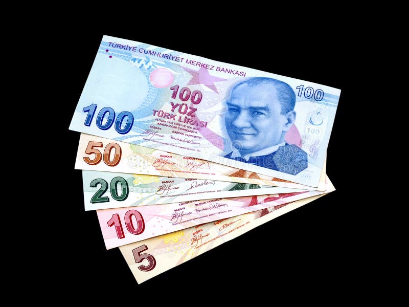 Bunch of Turkish bills, isolated on black. Bunch of Turkish bills, isolated on black