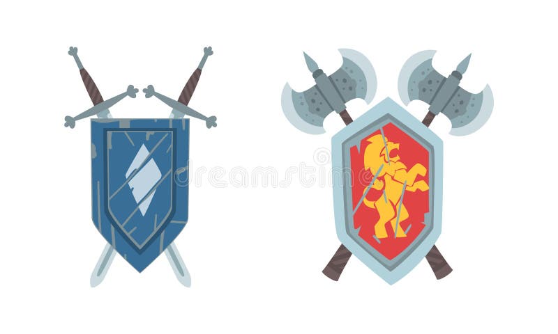 Coat of Arms on Escutcheon or Shield with Crossed Ax and Sword Vector Illustration Set. Heraldic Emblem from Middle Ages as Royal Power Symbol Concept. Coat of Arms on Escutcheon or Shield with Crossed Ax and Sword Vector Illustration Set. Heraldic Emblem from Middle Ages as Royal Power Symbol Concept