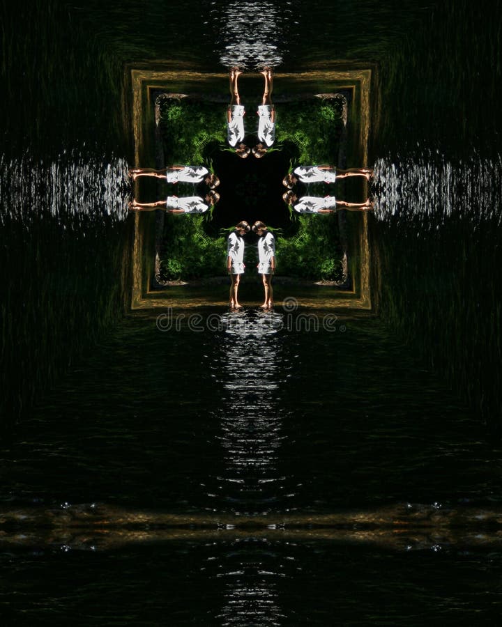 Kaleidoscope image from photo of young woman wading in water. Kaleidoscope image from photo of young woman wading in water