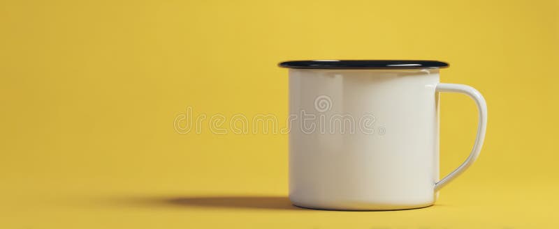 亮黄色背景上带黑色轮缘的搪瓷杯AI生成图像 库存图片