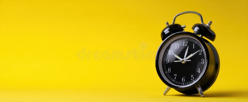 亮黄色背景上的经典黑色闹钟AI生成图像 库存图片