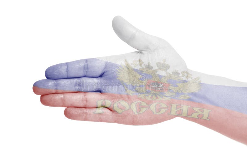 Man hand sign with Russian Flag isolated on white background. Man hand sign with Russian Flag isolated on white background