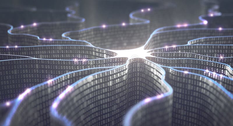 Artificial neuron in concept of artificial intelligence. Wall-shaped binary codes make transmission lines of pulses and/or information in an analogy to a microchip. Neural network and data transmission. Artificial neuron in concept of artificial intelligence. Wall-shaped binary codes make transmission lines of pulses and/or information in an analogy to a microchip. Neural network and data transmission.