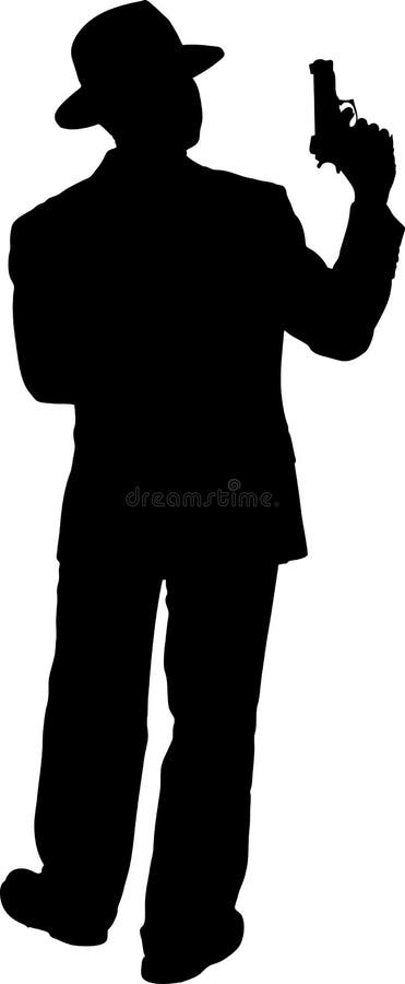 Vertical vector image of a man in suit and hat with an automatic pistol / gun. Vertical vector image of a man in suit and hat with an automatic pistol / gun.