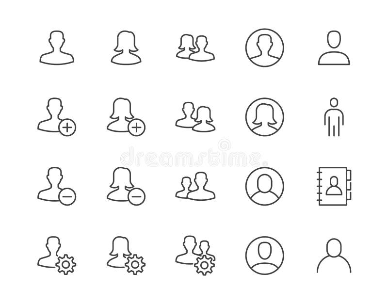 人物图标，简单扁平线条集合。男士、女士头像，用户资料，联系人，团队矢量图。轮廓 向量例证