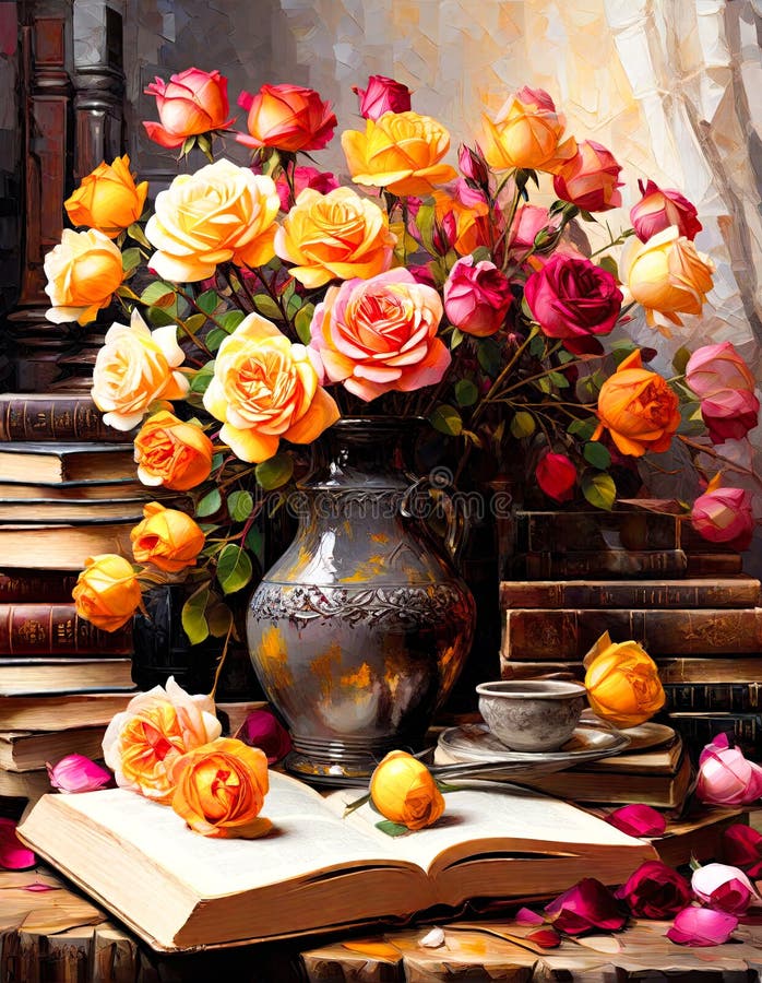 静物画与白玫瑰的油画在喷壶和茶库存例证. 插画包括有特写镜头, 淡色