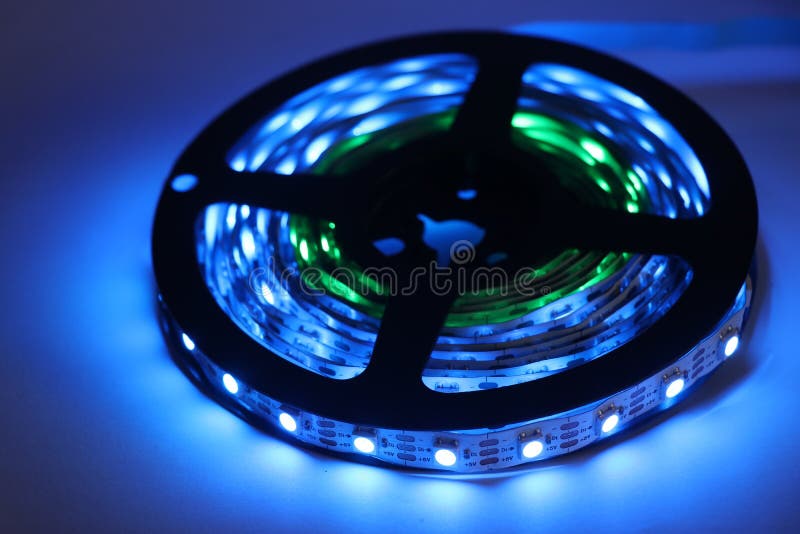 Mix of blue and green colors from spool of LED light strip. Mix of blue and green colors from spool of LED light strip