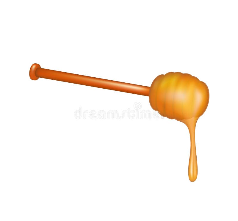 Honey dripping from a wooden honey dipper on white background. Honey dripping from a wooden honey dipper on white background