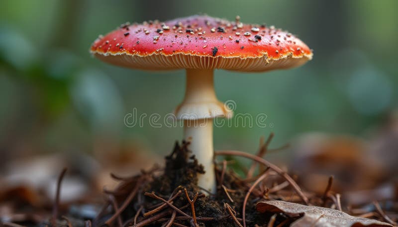 从泥土林底升起白斑的红色蘑菇 免版税库存图片