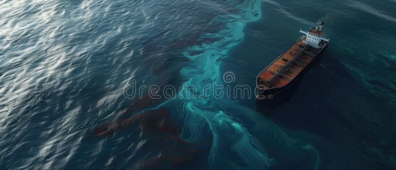 从海上一艘货船上展开的、显示环境污染和海洋灾难的漏油的空中观察 皇族释放例证