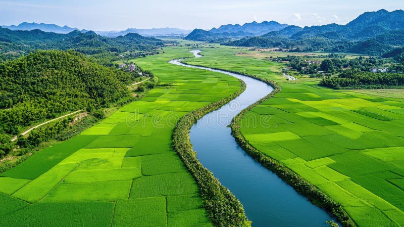 从空中俯瞰郁葱葱的绿田，以及一条蜿蜒的河流，河边被群山环绕，湛蓝的天空 库存例证