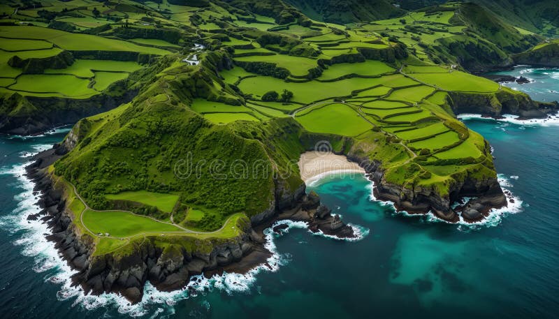 从空中可以欣赏到郁郁葱葱的绿色亚速尔群岛海岸线的壮丽景色，那里风景如画的田地与深蓝色的海洋交融 库存例证