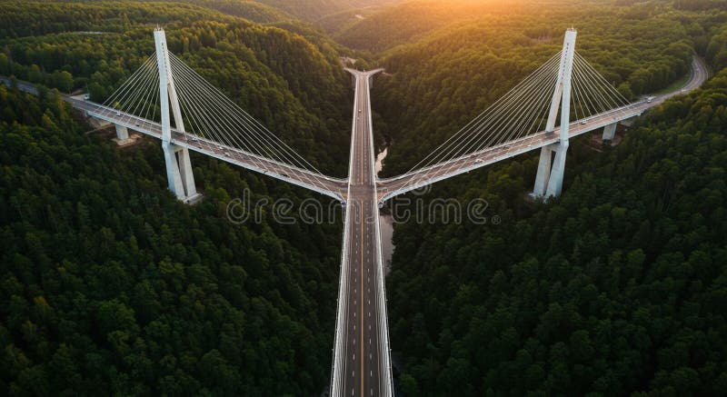 从空中可以看到一座斜拉桥的壮丽景色，这座桥横跨郁葱葱的森林山谷. 库存例证