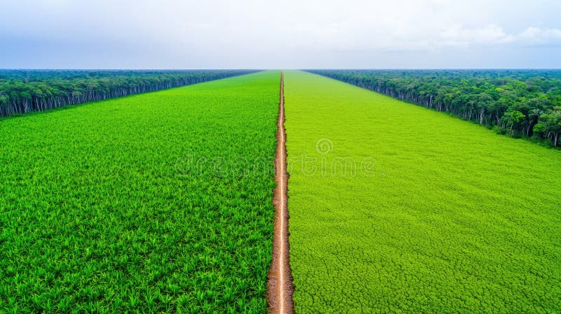 从空中可以看到郁郁葱葱的绿地，被一条泥路所分隔，在阴云的天空下，这条路上展示着充满活力的风景 皇族释放例证