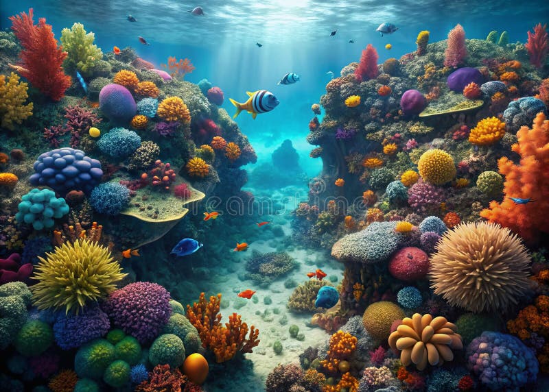 令人叹为观止的鸟瞰图，展示了一个充满生机、海洋生物丰富的珊瑚礁，呈现出迷人的水下美景 皇族释放例证