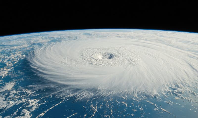 从空中惊艳地看到，一场强大的飓风在海洋上空盘旋，展示着大自然的美丽和残忍 库存例证