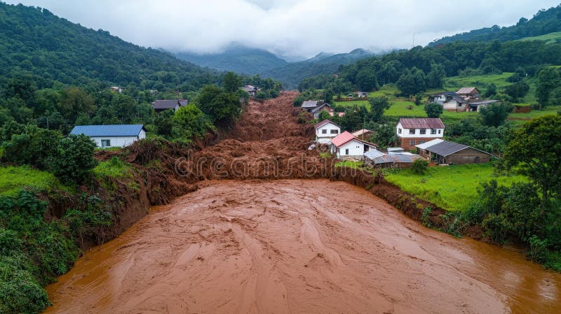 从空中观察受严重洪水影响的景观，发现乡村地区的泥石流和受损房屋 向量例证