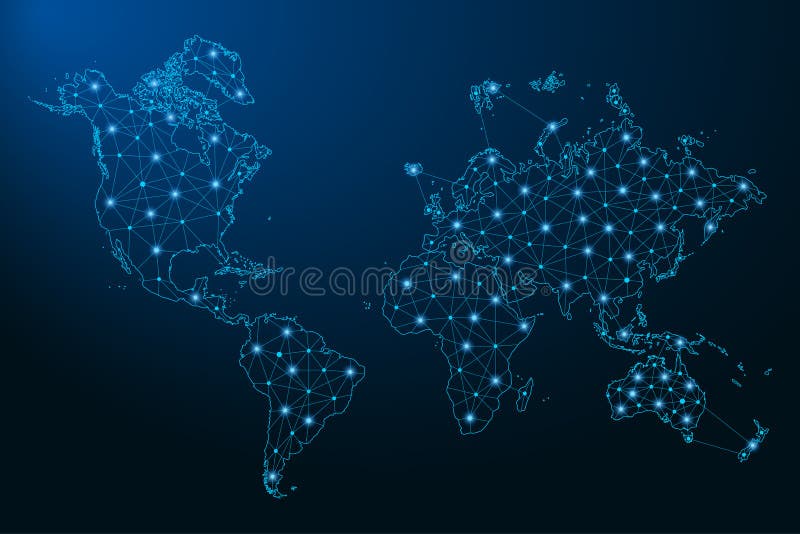 从线和明亮的点创造的抽象世界地图以满天星斗的天空的形式,多角形wireframe滤网和被连接的线 皇族释放例证 从线和明亮的点创造的抽象世界地图以满天星斗的天空的形式,多角形wireframe滤网和被连接的线 皇族释放例证