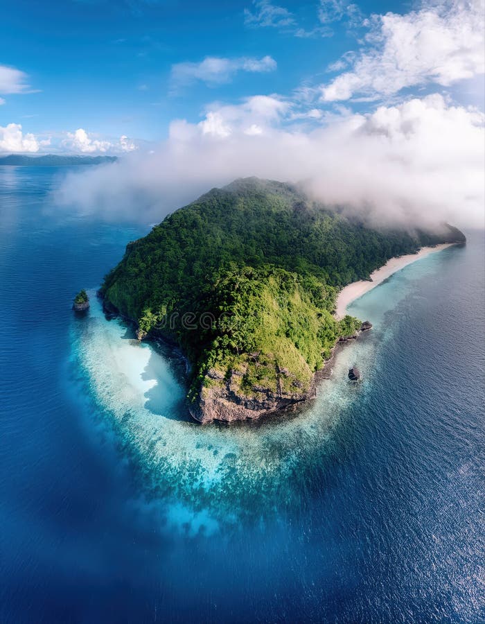 令人叹为观止的空中景观，展示了郁郁葱葱的绿色热带岛屿，部分地笼罩在虚幻的云层中. 隐藏的土地 库存例证