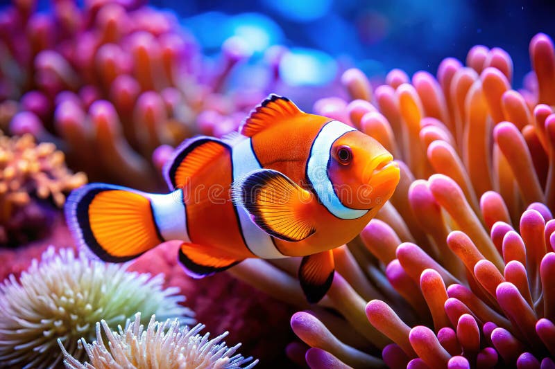 令人惊叹的海洋水族馆中小丑鱼的活力特写健康礁的详细摄影 皇族释放例证