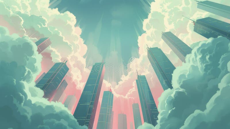 仰望众多高耸的天空，与令人印象深刻的天空相比，它们显得渺小 库存照片