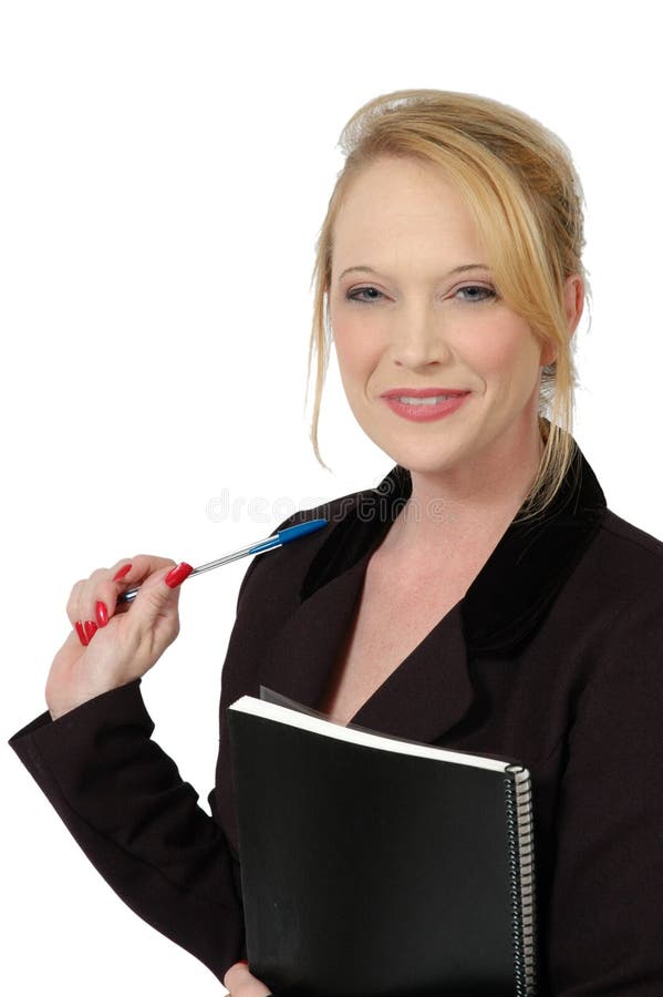 business woman with blond hair on white background. Pen and report in her hand. business woman with blond hair on white background. Pen and report in her hand.