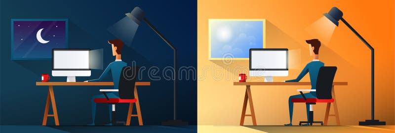 企业生命力或设计师工作狂工作者日夜办公室场面传染媒介例证的 皇族释放例证 企业生命力或设计师工作狂工作者日夜办公室场面传染媒介例证的 皇族释放例证