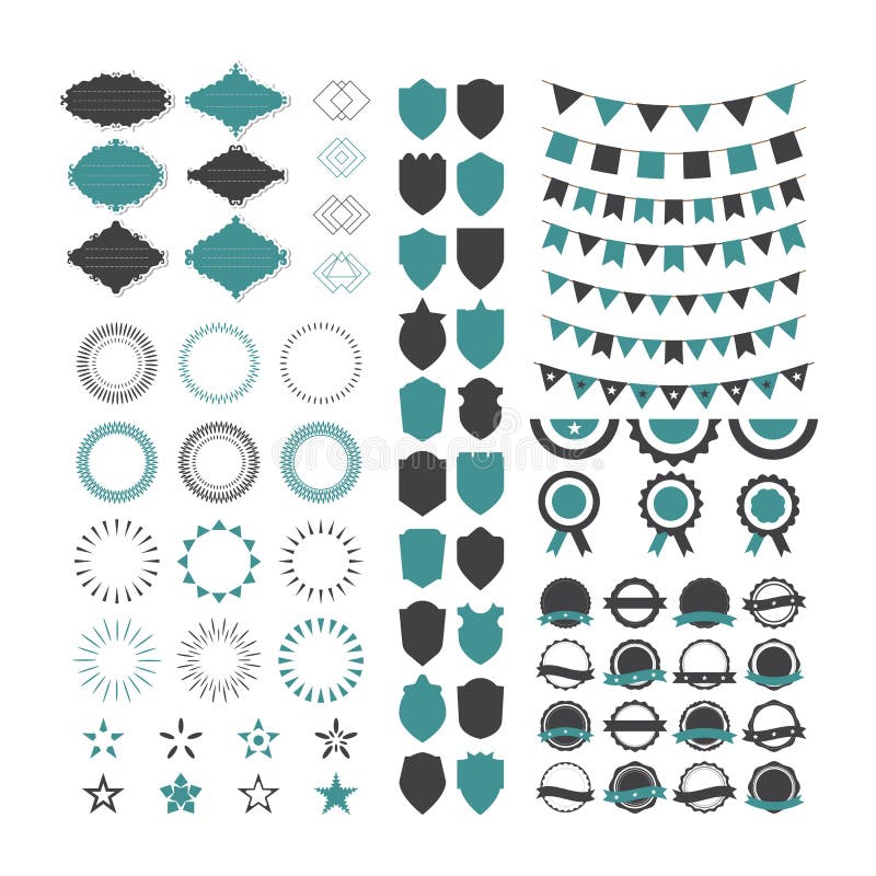 Collection of premium design elements. Set of geometric shapes, stamps, starbursts, frames, garlands, trendy hipster logotypes, star shapes and shields. Vector illustration. Collection of premium design elements. Set of geometric shapes, stamps, starbursts, frames, garlands, trendy hipster logotypes, star shapes and shields. Vector illustration
