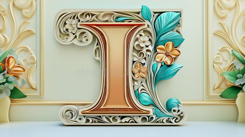 优雅花色字母I设计华丽金茶3D渲染 库存例证