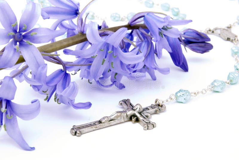 Bluebell with rosary beads in front on a white background. Bluebell with rosary beads in front on a white background